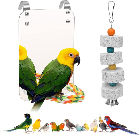 AHIER 7 Inch Bird Mirror with Rope Perch, Bird Toys Swing Parrot Grinding Stone with Bell for Parakeet Cockatoo Cockatiel Lovebirds Canaries