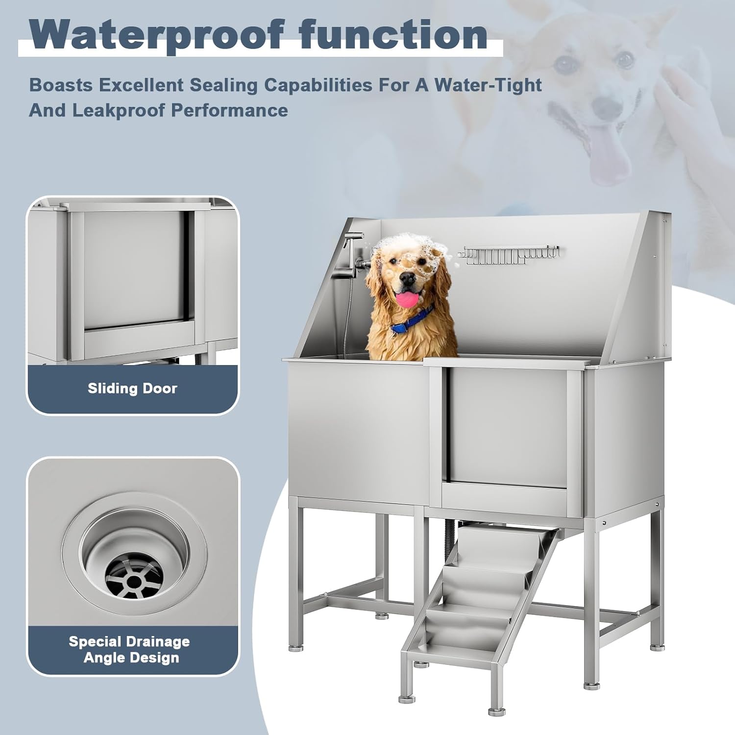 CuisinSmart 50" Dog Bathtub for Large Dogs, Professional Dog Washing Station with Dog Wash Attachment, Bath Pool for Outdoor, Indoor Shower and Grooming (50" Right Door) - Pet Explorer