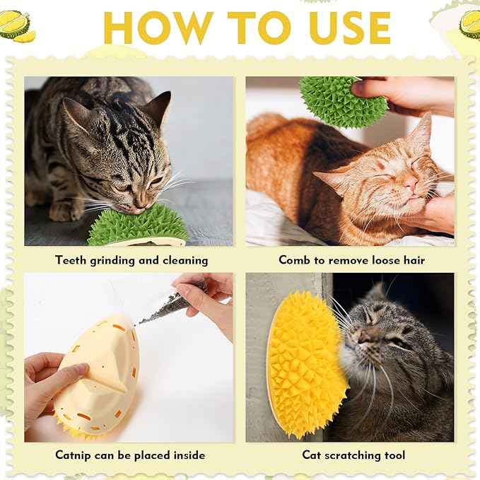 Hiboom 2 Pcs Cat Wall Corner Scratcher Durian Shaped Self Groomer Face Scratcher Massage Comb Grooming Brush Tool for Indoor Long & Short Fur Kitten Dogs, Green and Yellow