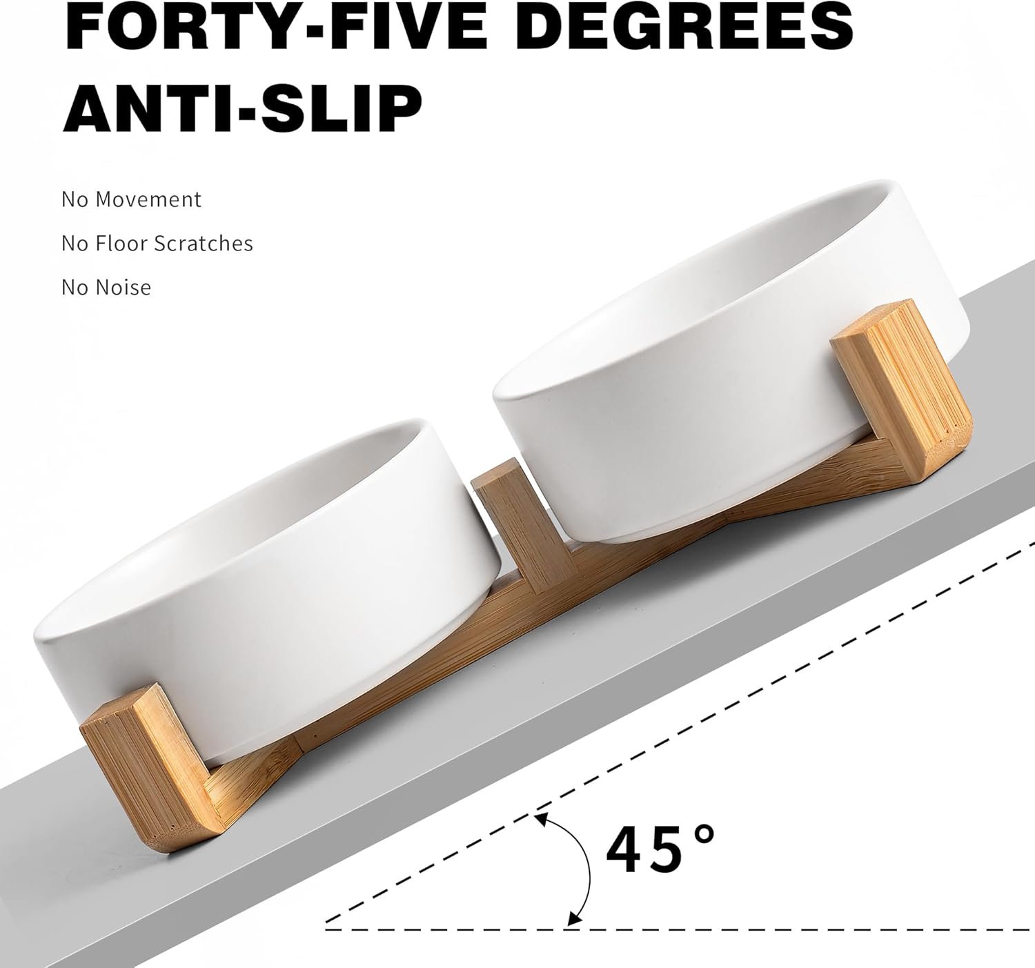 White Ceramic Dog & Cat Bowl Set – 13.5 OZ with Wooden Stand, Non-Slip, Elevated Design for Small Dogs & Cats – 2 Bowls (Food & Water, Ceramic Pet Bowls, Modern Dog Bowls) - Pet Explorer