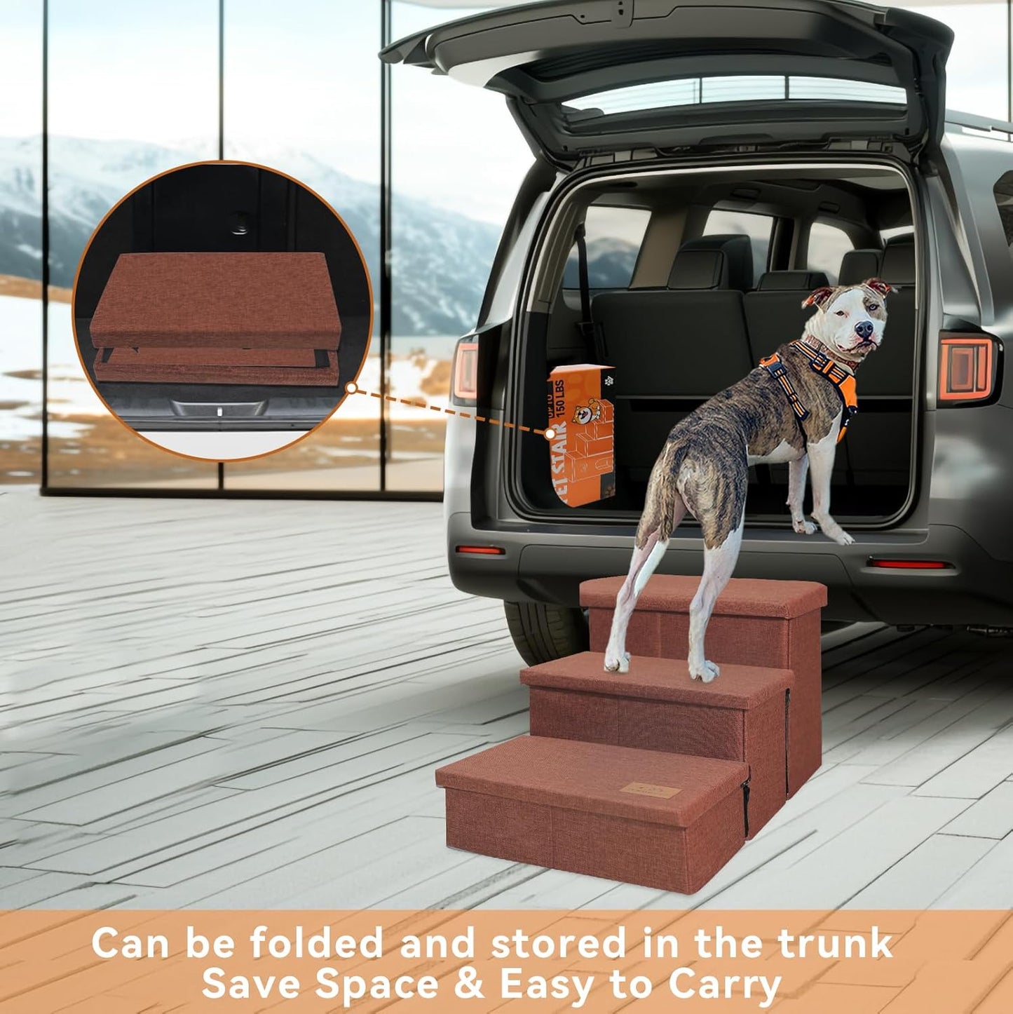 Dog Stairs with Storage 18" H, 3-Step Wider Dog Steps for Small/Medium/Large Old Dogs Cats, Folding Sturdy Pet Stairs Climbing Bed Couch, Ramp for Car Hold Up to 200 lbs (Brown, No Condo) - Pet Explorer