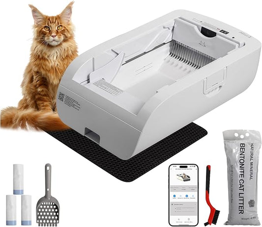 Open-Top Self-Cleaning Automatic Cat Litter Box-Smart APP Control (2.4G/5G) with Health Tracking&24H Backup, Dual Safety Sensors&Odorless Design for Multi-Cat Homes+3 Waste Bags