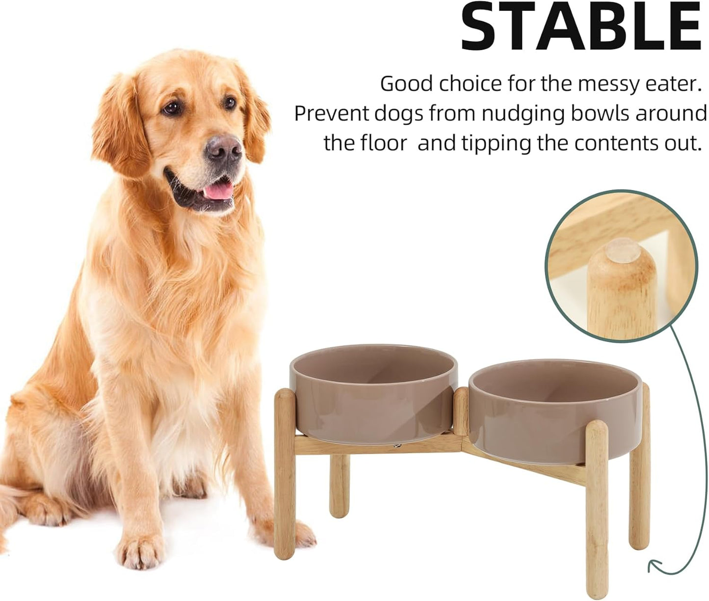 Ceramic 8.2inch Raised Dog Bowl with Stand for Large- Breed Dogs, Pet Food and Water Feeder (Double Bowl with Stand - Brown Coffee) - Pet Explorer