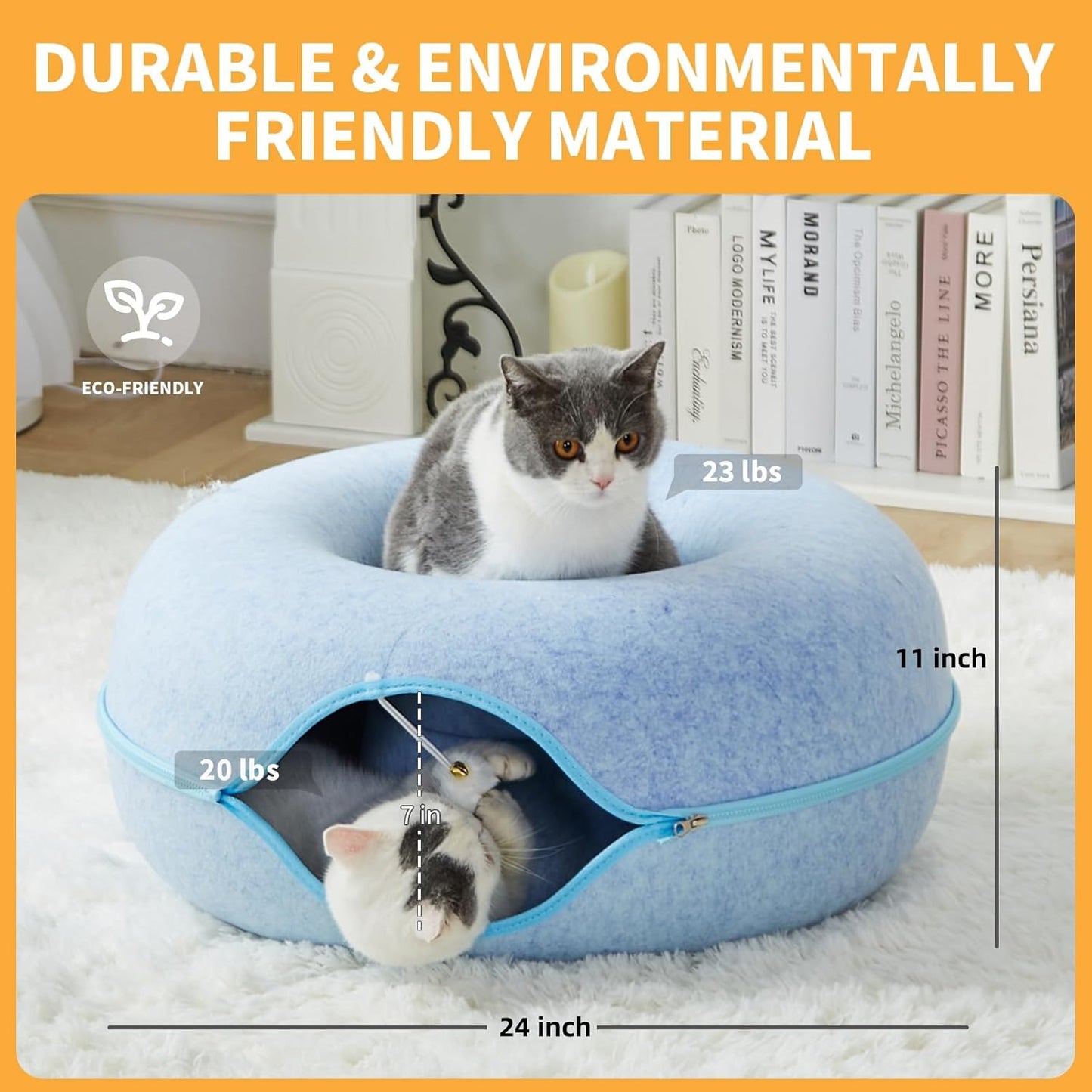 Jia Xi Cat Tunnel Bed and Hideout, Large Indoor Cat Condo with Cave (24 inch, Blue) - Pet Explorer