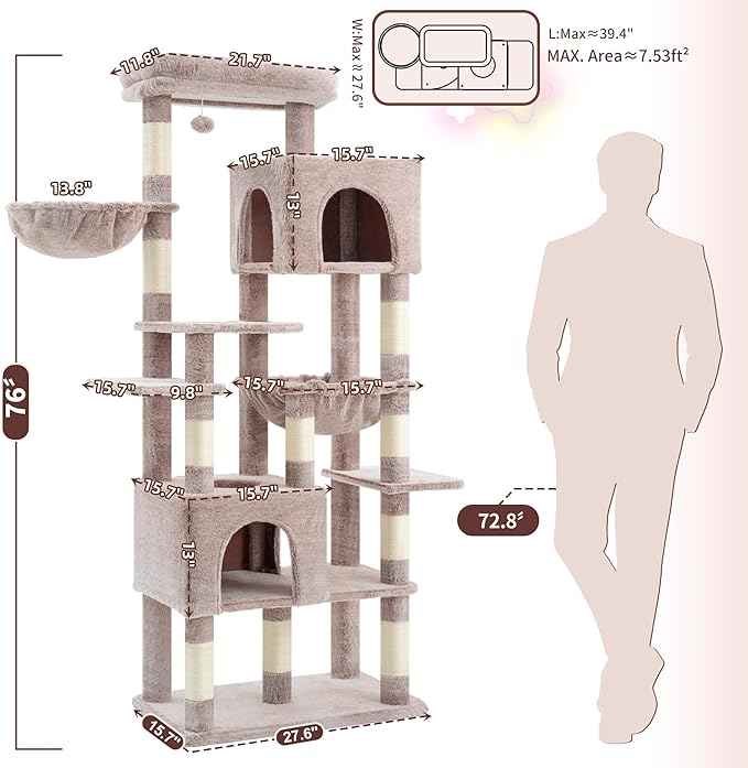 Heybly Cat Tree, 76-Inch Tall Heavy Duty Cat Tower for Big Cats with Extra Wide Baseboard, Multi-Level Large Cat Furniture with 2 Condos & 2 Hammocks, 10 Scratching Posts, Muchroom HCT039MU