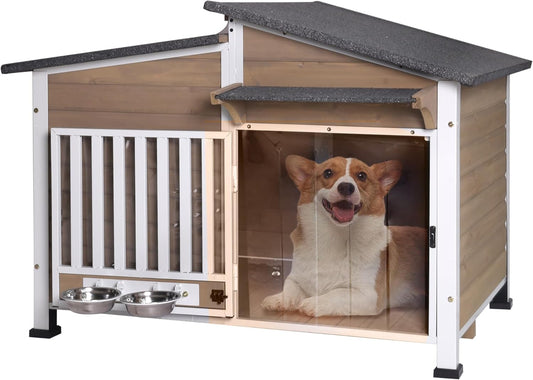 GUTINNEEN Dog House Outdoor with Anti-Chewing Metal Frame, Wooden Dog Kennel with 360° Rotating Feeding Bowl, Weatherproof Roof, for Indoor & Outdoor Use - Brown - Pet Explorer