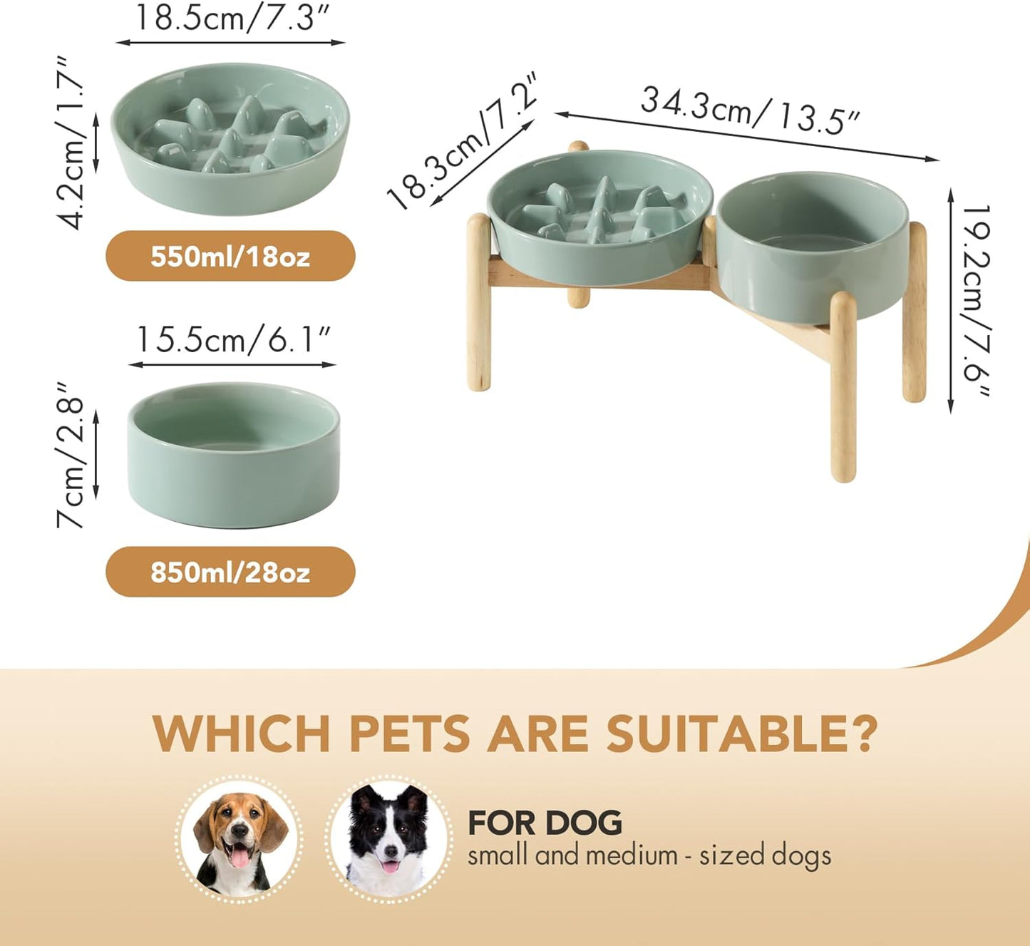 Ceramic Raised Slow Feeder Dog Bowl Set, Elevated 6.1inch Bowl and 7.3inch Slow Pet Food Dish with Wooden Stand for Small and Medium Dog (2 x Light Green+ Stand) - Pet Explorer