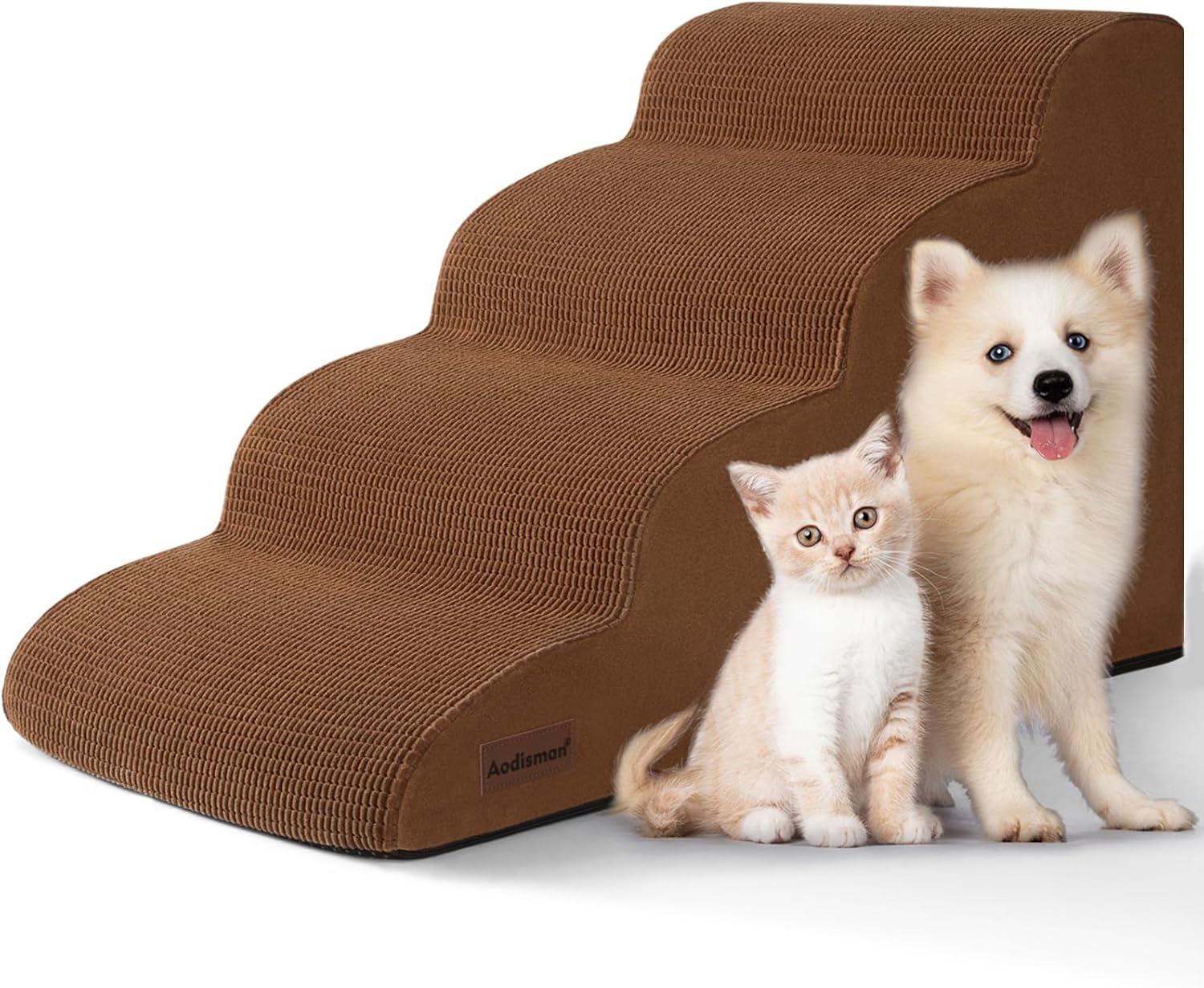 4-Step Dog Stairs and Ramp for Beds or Couches – Non-Slip Sturdy Pet Steps for Small Dogs and Cats,17.4" H,Brown - Pet Explorer