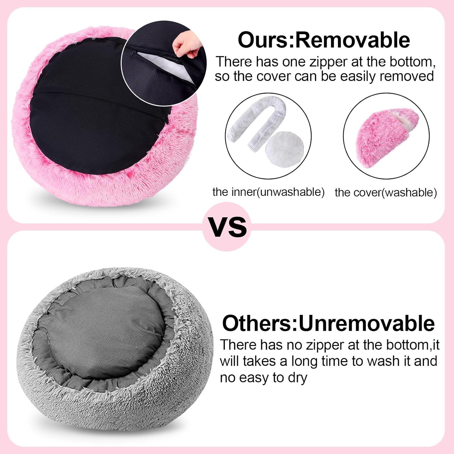 Calming Dog Beds with Hooded Cat Cave Cover - Removable, Washable Round Beds for Small to Medium Pets, Anti-Slip Faux Fur Fluffy Cover for Improved Sleep - Fits up to 15/25 lbs (Pink, M) - Pet Explorer