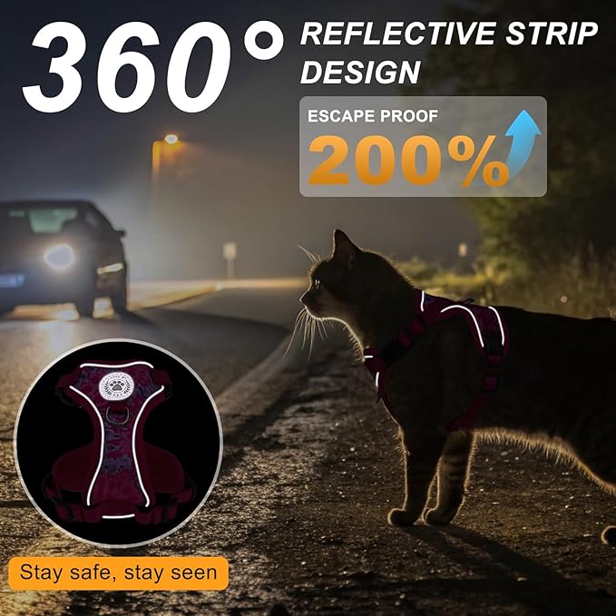BEAUTYZOO Escape Proof Cat Harness and Leash for Walking, Soft Adjustable Cute Vest for Small to Large Cats, Reflective Breathable Easy-Control Outdoor Jacket, Kitten Harness and Leash Set, Rose, M