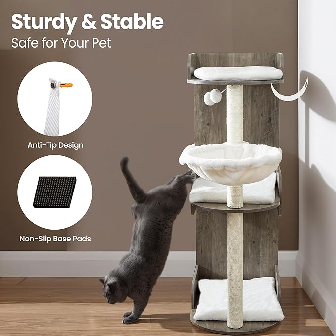 Modern Wood Cat Tree Tower for Indoor Large Cats, Cat Scratching Posts with Big Perch Bed, 44.8" Tall Multi-Level Wooden Cat Condo with Hammock, Removable Pads, Kitty Furniture, Greigy