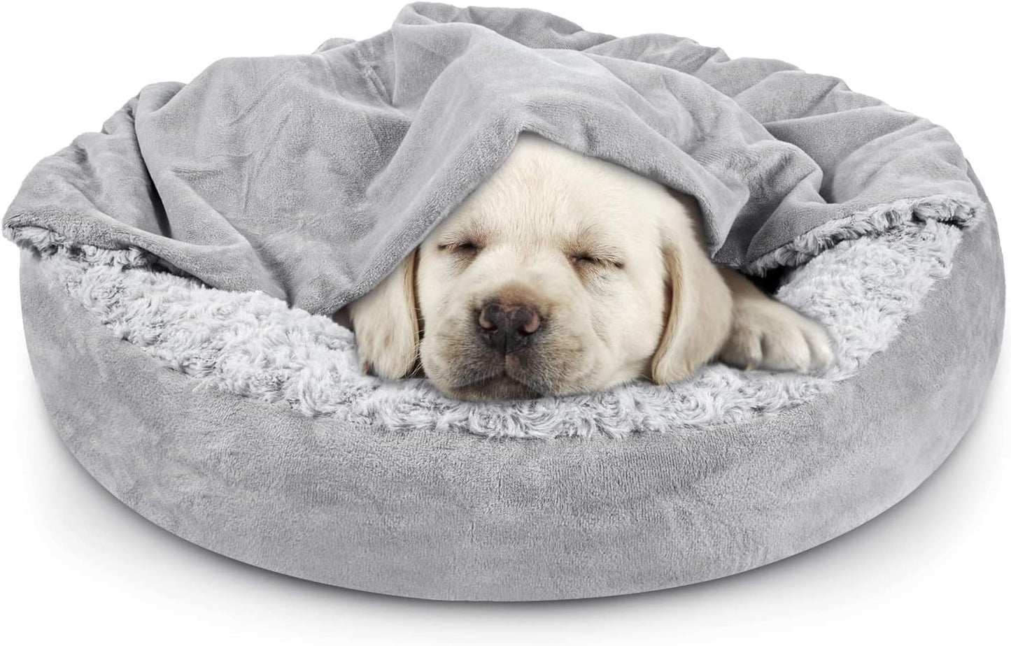 JOEJOY Small Dog Bed Cat Bed with Hooded Blanket, Cozy Cuddler Luxury Puppy Pet Bed, Donut Round Calming Anti-Anxiety Dog Burrow Cave Bed - Anti-Slip Bottom and Machine Washable 23 inch - Pet Explorer