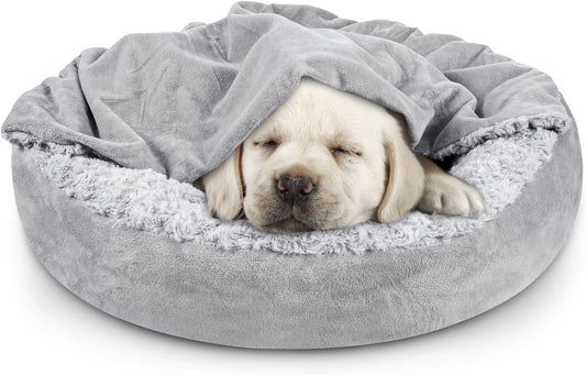JOEJOY Small Dog Bed Cat Bed with Hooded Blanket, Cozy Cuddler Luxury Puppy Pet Bed, Donut Round Calming Anti-Anxiety Dog Burrow Cave Bed - Anti-Slip Bottom and Machine Washable 23 inch - Pet Explorer