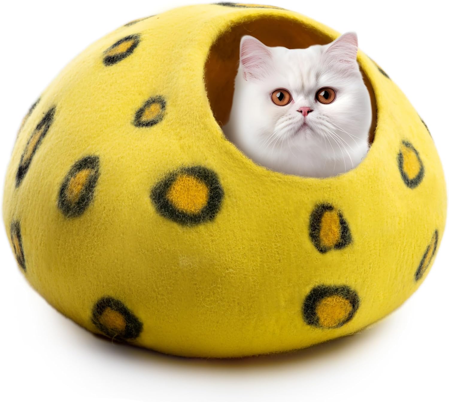Woolygon Premium Felt Cat Cave Bed - Polka Dot Series - Wool Kitty Beds Handcrafted Kitten Caves Bed for Indoor Cats - Eco-Friendly Merino Wool, Foldable Cat Hideaway Cat Houses Pod - Pet Explorer