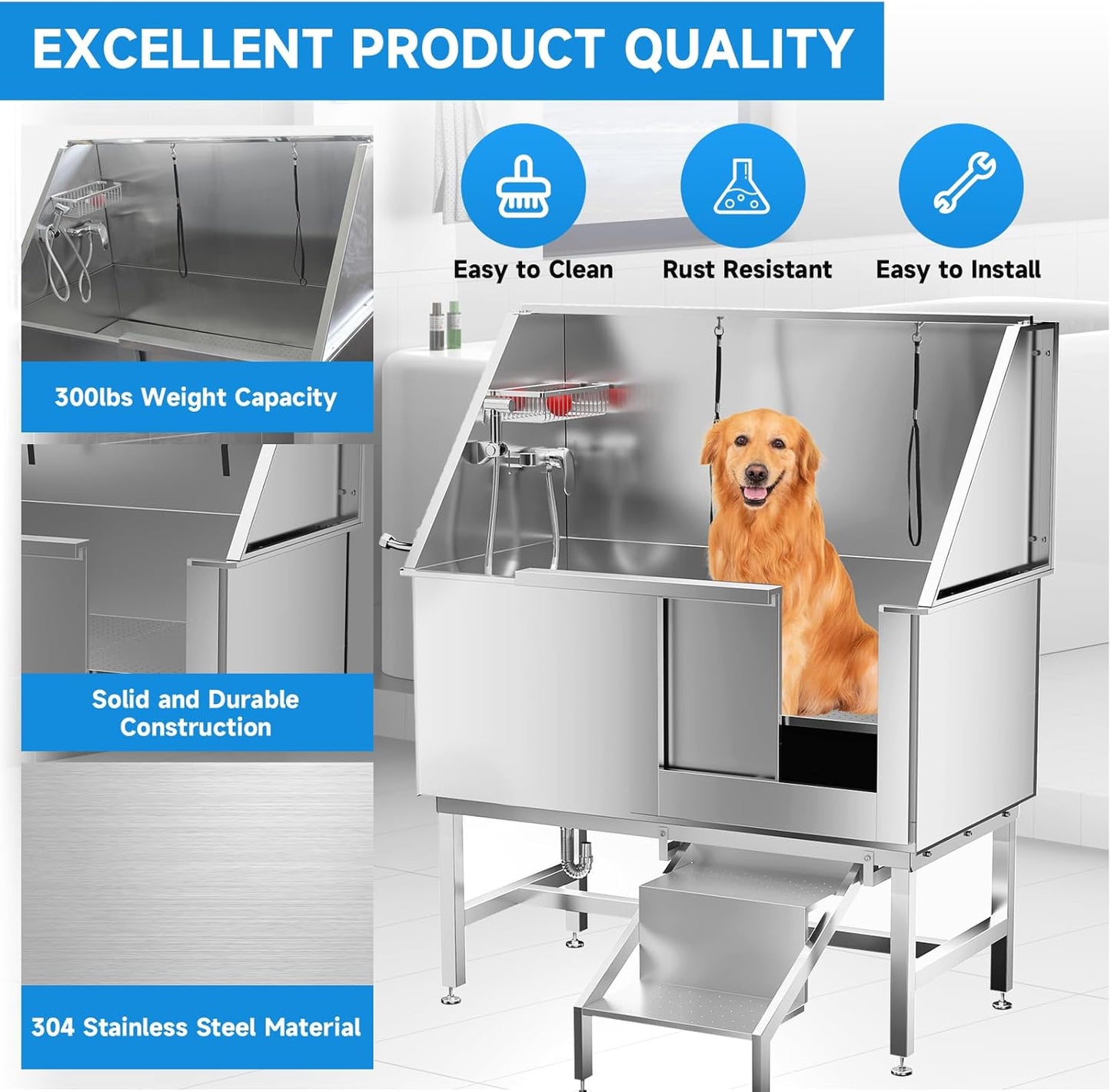 Dog Washing Station 50" Dog Grooming Tub with Right Stair& Faucet, Stainless Steel Dog Bathing Station for Home,Dog Bathtub for Large,Medium,Small Pets - Pet Explorer