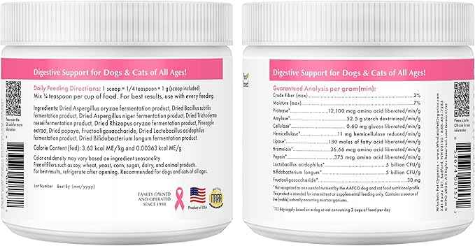 Wholistic Pet Organics Probiotics for Dogs with Digestive Enzymes & Prebiotic Fiber - 8 Oz - Daily Cat & Dog Probiotics for Digestive Health, Anti Diarrhea & Gut Support - Cat Probiotic - 227 Scoops