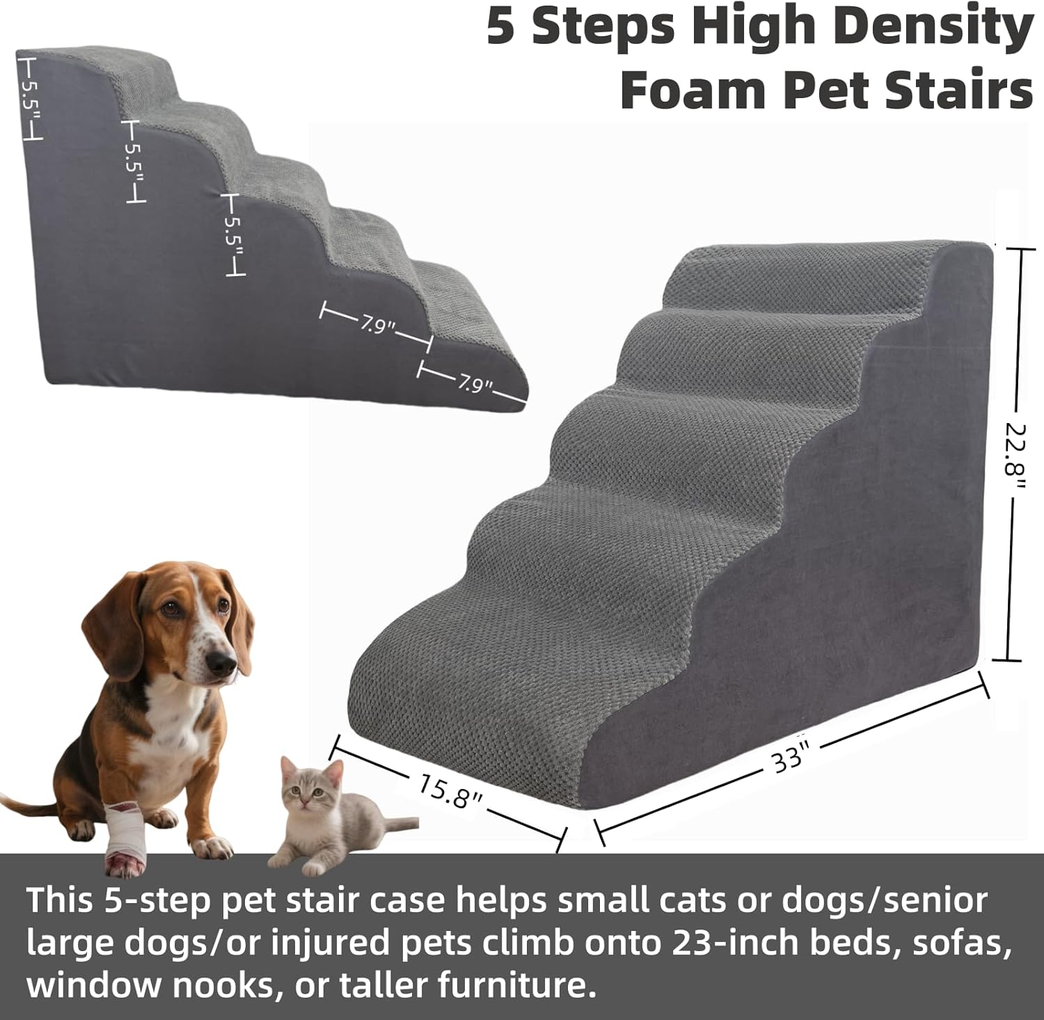 5 Step Pet Stairs Ramp for High Beds Sofas 5-30 Inch with Sturdy Non Slip Waterproof Pads, Machine Washable Cover Indoor Balanced Design for Cats Dogs Small Medium Large XL Pets Grey (Grey, Large, 1) - Pet Explorer