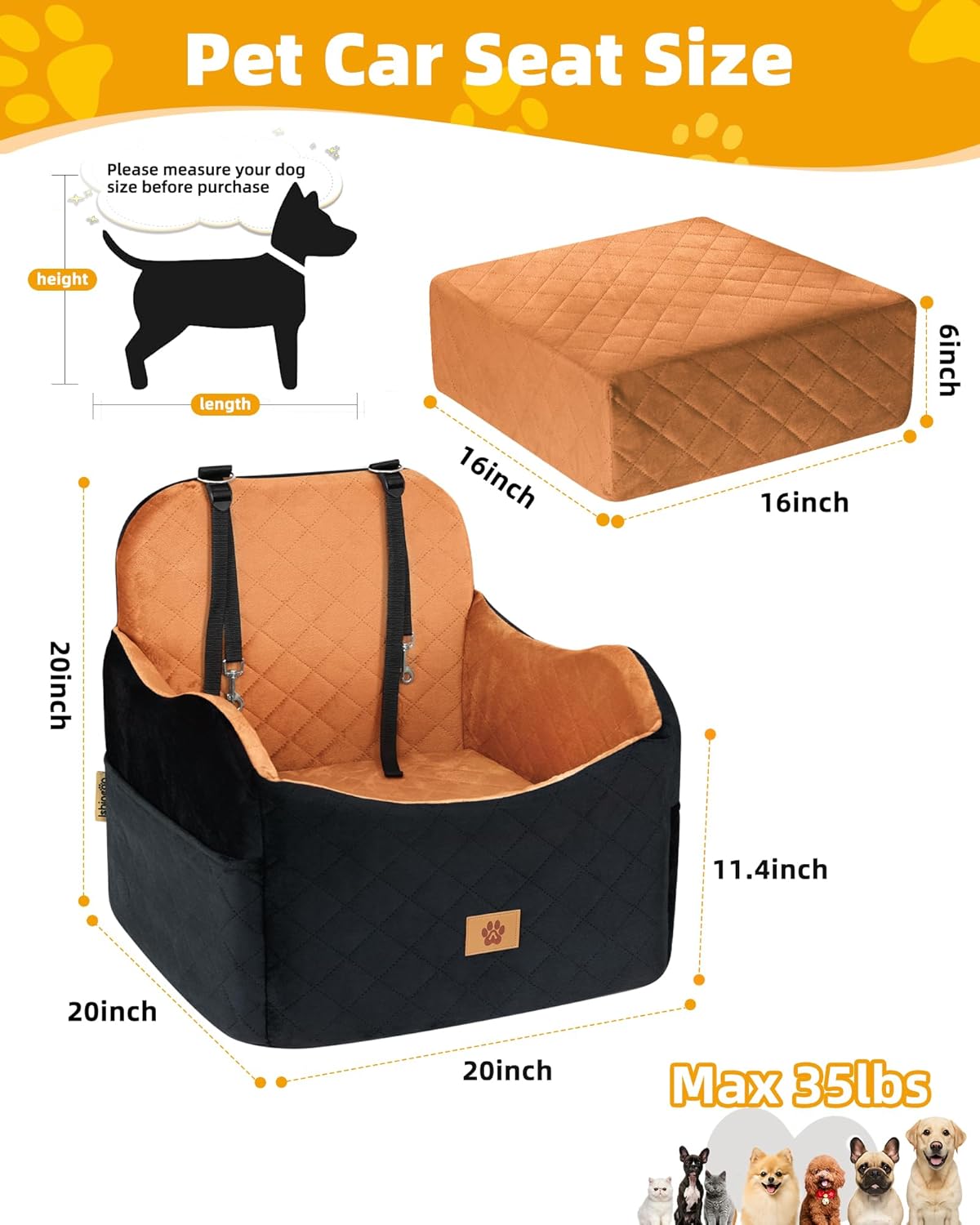 Car Seat Booster for Dog: High-Support Memory Foam Pet Car Seat for Small/Medium Dogs Under 35lbs with Elevated Cushion,Pockets - Detachable Washable Puppy Travel Bed for Driving(Black/Brown) - Pet Explorer