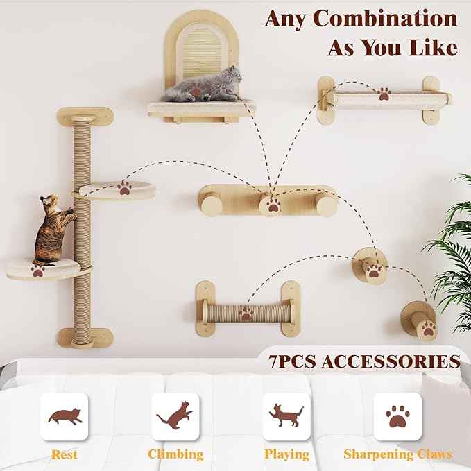 BYBYME 7 Pcs Wall-Mounted Cat Shelves, Multi-Level Sturdy Climbing Frame with Scratching Posts, Kitten Platform & Cat Bed for Playing & Resting, Solid Wood Indoor Cat Room Tree（Natural Wood）