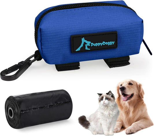 PuppyDoggy 1 Pack Poop Bag Holder for Dogs & Cats Waste Bag Dispenser Pouch Dispenser with 1 Roll of Free Poop Bags for Dog Leash Accessory Bicycle (Blue) - Pet Explorer