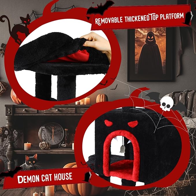Gothic Cat Tree for Indoor Cats Large Adult, 40.5" Goth Cat Trees Tower with Coffin Cat Bed,Scratching Post,Cat Condo, Furniture Towers with Hammock, Tall Black Cat Tree Halloween Hanging Toys(Black)