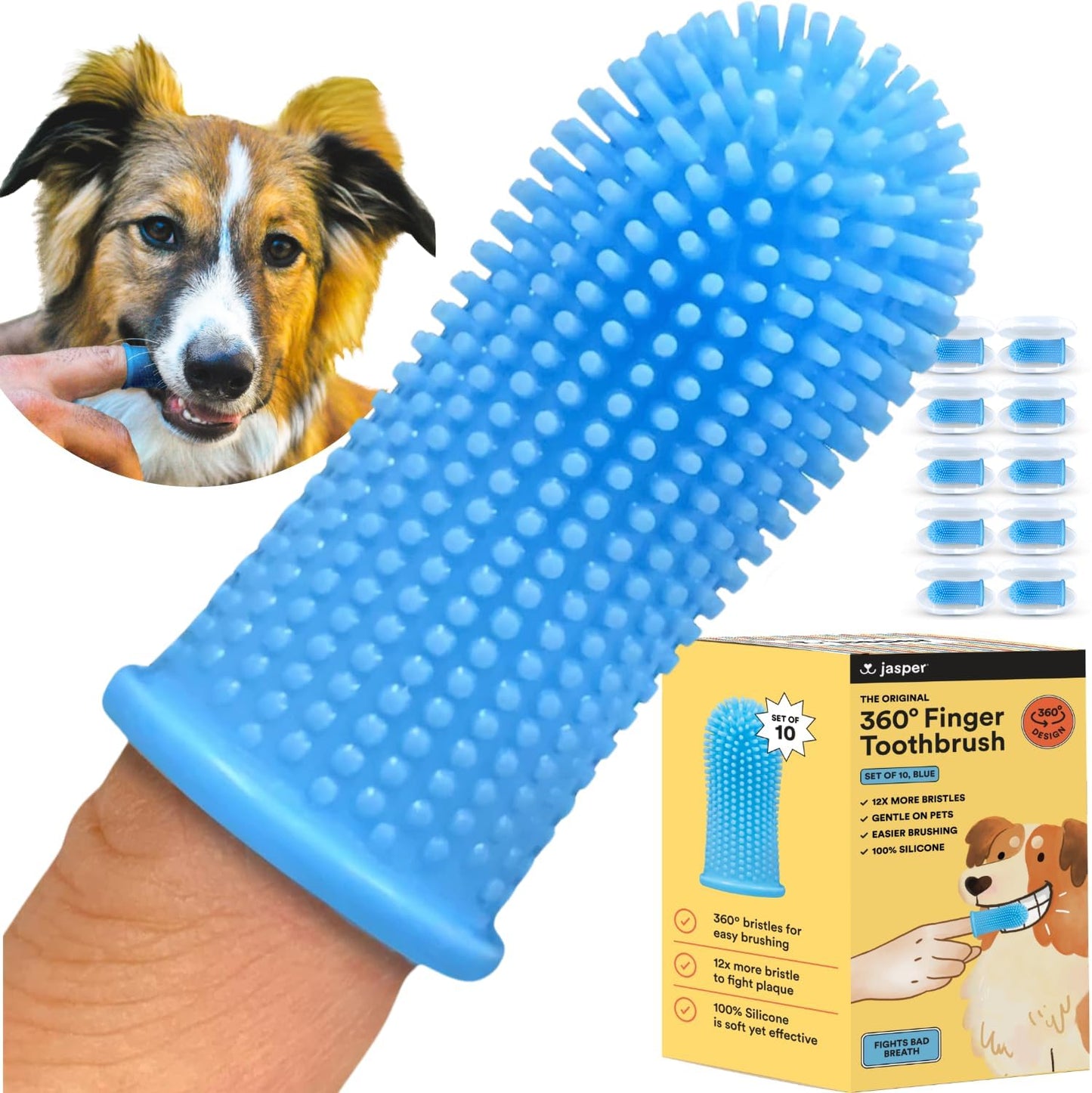 Jasper Dog Toothbrush, 360 Degree Pet Tooth Brushing Kit, Cat Toothbrush, Canine Dental Care & Teeth Cleaning Kit, Pet Finger Tooth Brush, Use with Dog Toothpaste, 10-Pack Blue - Pet Explorer