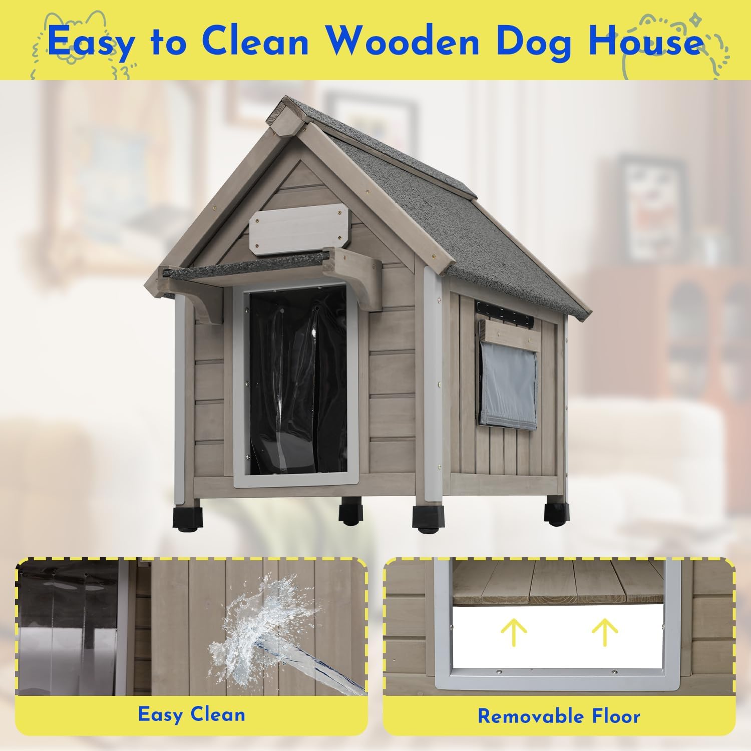 Outdoor Dog House Weatherproof Large Wooden Dog Kennel Indoor for Small Dogs with Chew-Proof Frame, Oxford Fabric Window, Removable Floor Pet Shelter (Grey, 18.1" D x 25.2" W x 24" H) - Pet Explorer