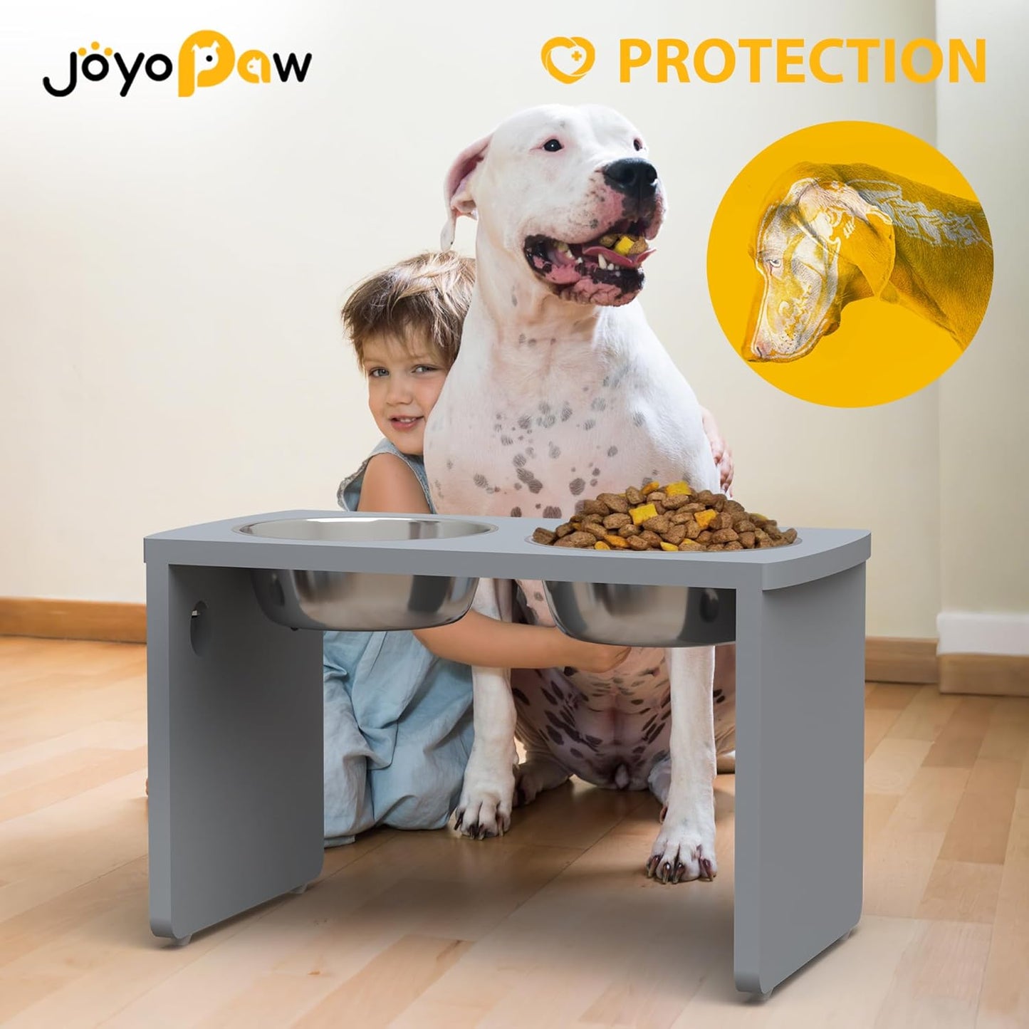 Elevated Dog Bowls, Bamboo Raised Dog Bowl for Large Dogs, with 2 Stainless Steel Bowls (13'' Tall-68oz Bowl, Grey) - Pet Explorer