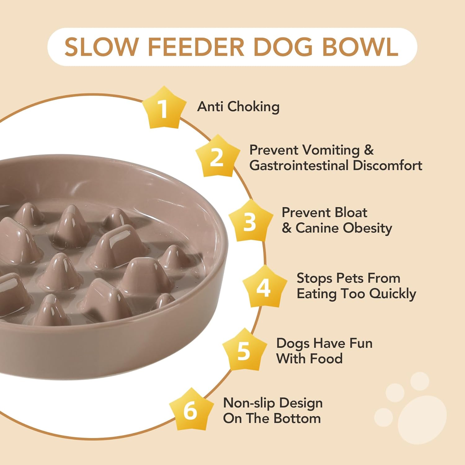 Ceramic Raised Slow Feeder Dog Bowl Set, Elevated 7.3inch Bowl and 8.2inch Slow Pet Food Dish with Wooden Stand for Medium and Large Dog (2 x Brown Coffee+ Stand) - Pet Explorer