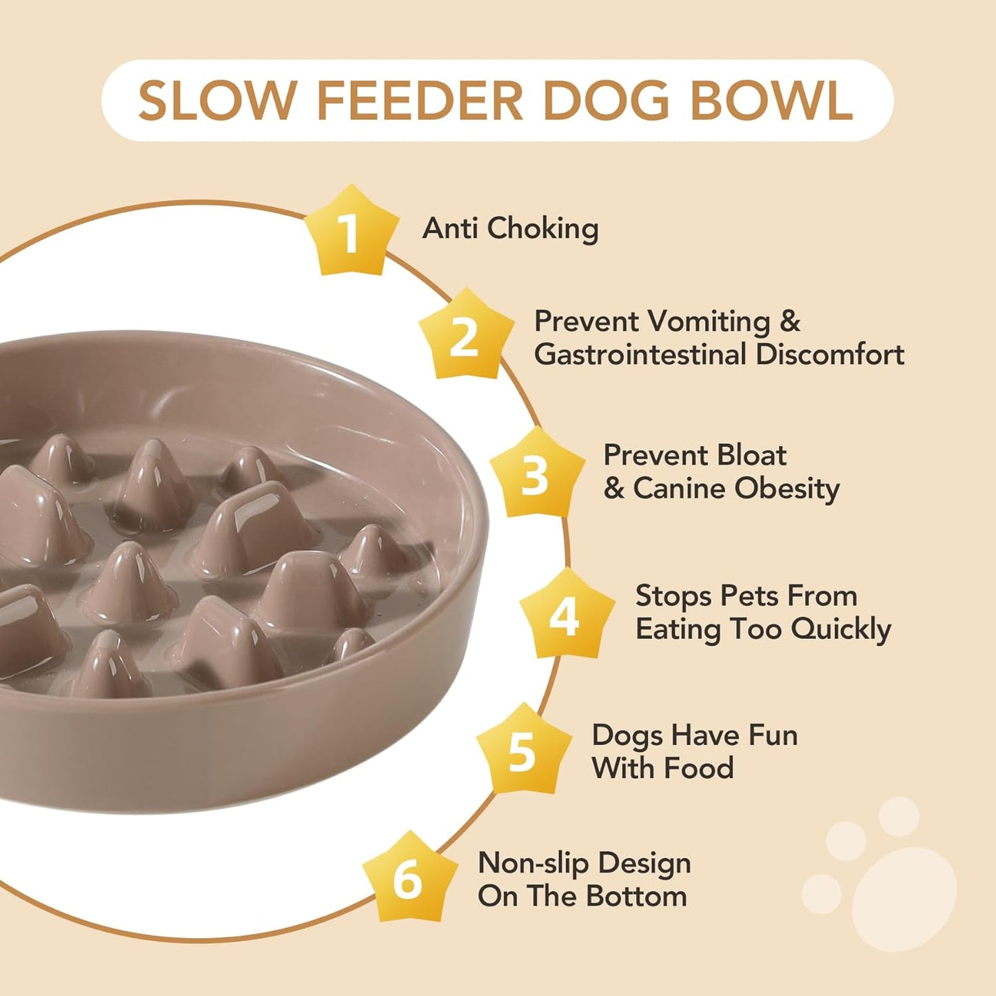 Ceramic 8.2 inch Dog Bowl Slow Feeder, Slow Pet Food Dish for Medium and Large Dog, Stop Bloat, Preventing Choking(Single Bowl, Brown Coffee) - Pet Explorer