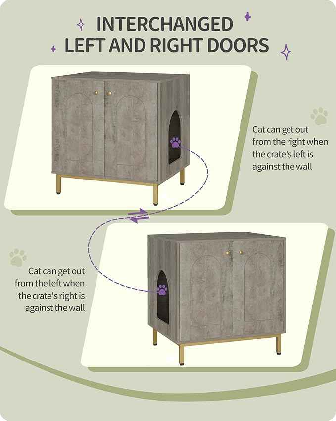 Cat Litter Box Enclosure, Hidden Litter Box Furniture Cabinet, Wooden Indoor Cat House, Side End Table, Living Room, Bedroom, Greige and Gold CB81205G