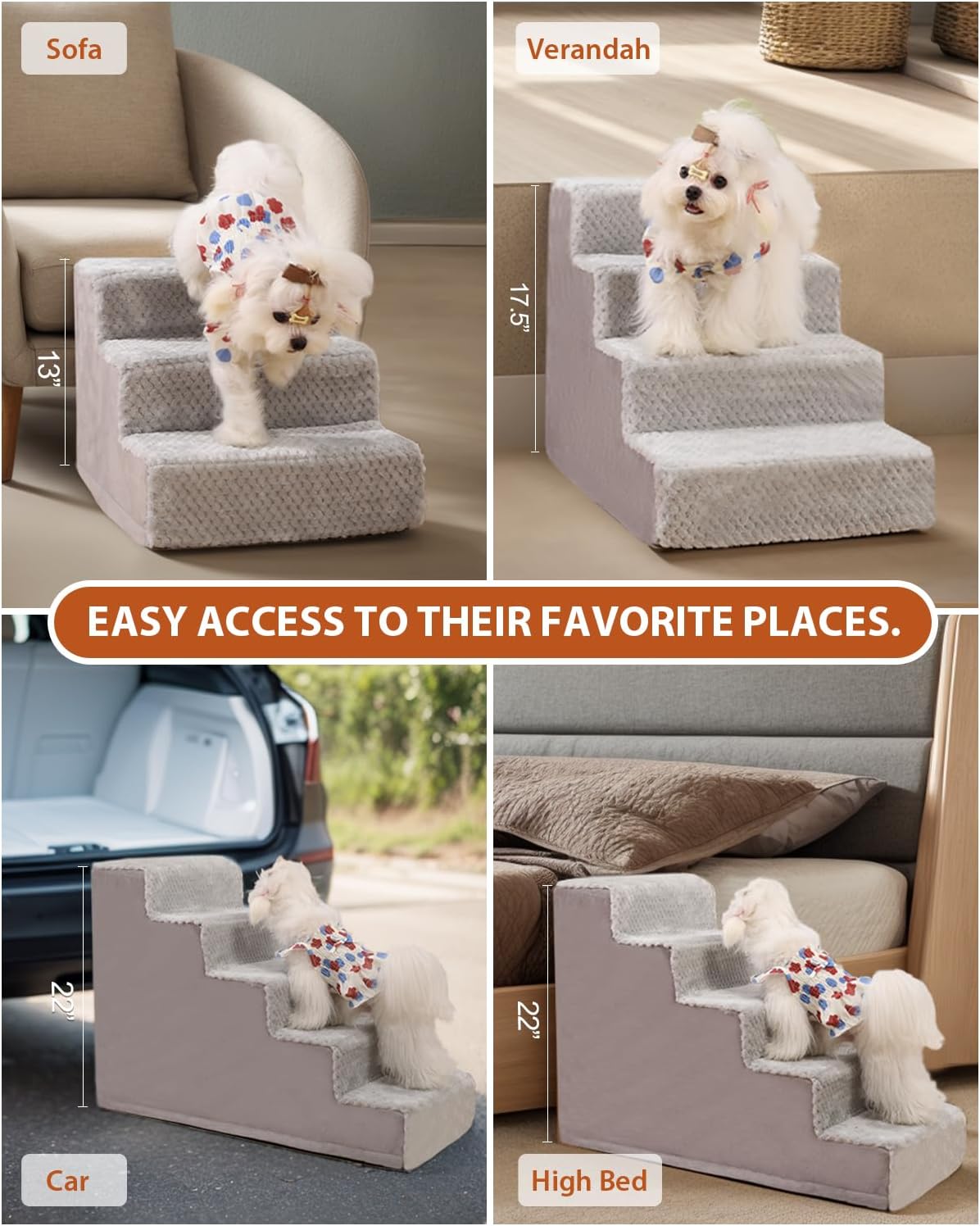 Dog Stairs for Small Dogs,17.5" H,4-Step Dog Steps for High Bed Couch and Sofa,Pet Stairs for Dogs and Cats Climbing with Non-Slip Bottom and Washable Cover,Light Grey - Pet Explorer