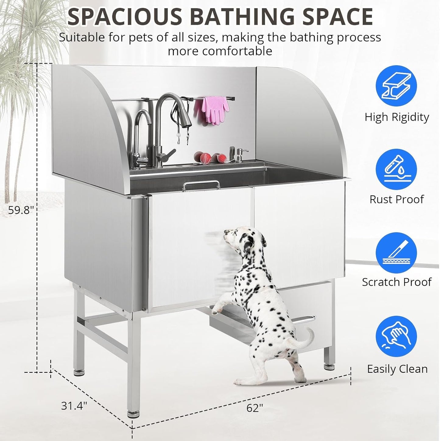 Professional Dog Grooming Tub, 62" Stainless Steel Dog Wash Station with Foldable Ramp, Storage Drawer, Floor Grate & Faucet/Dog Bathtub for Large, Medium & Small Pets - Left Door (62") - Pet Explorer