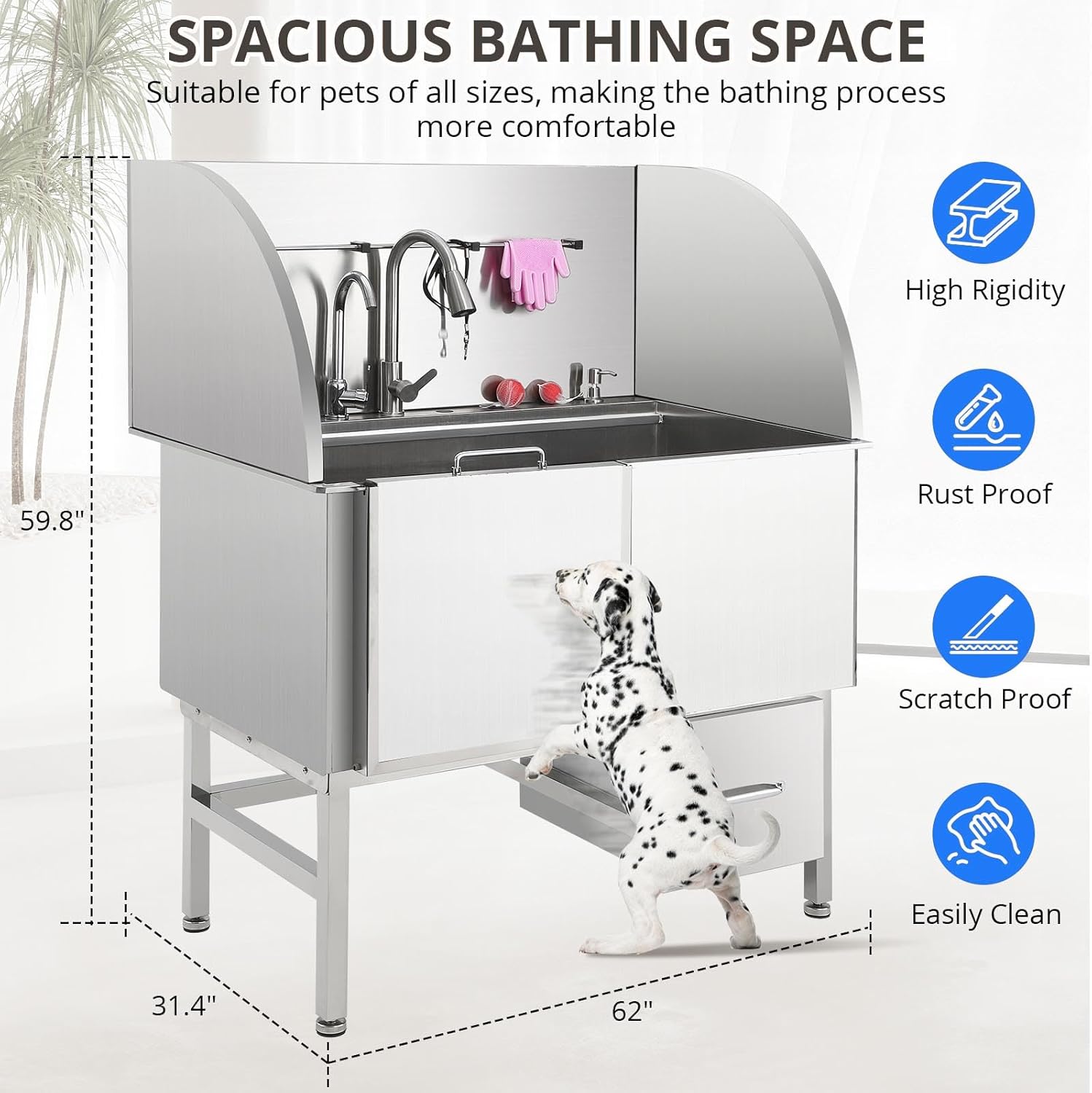 Professional Dog Grooming Tub, 62" Stainless Steel Dog Wash Station with Foldable Ramp, Storage Drawer, Floor Grate & Faucet/Dog Bathtub for Large, Medium & Small Pets - Left Door (62") - Pet Explorer