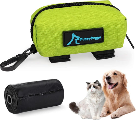 PuppyDoggy 1 Pack Waste Bag Holder for Dogs and Cats - Poop Bag Dispenser Pouch With 1 Roll of Free Bags - Dog Leash Accessory for Bicycle (Green) - Pet Explorer
