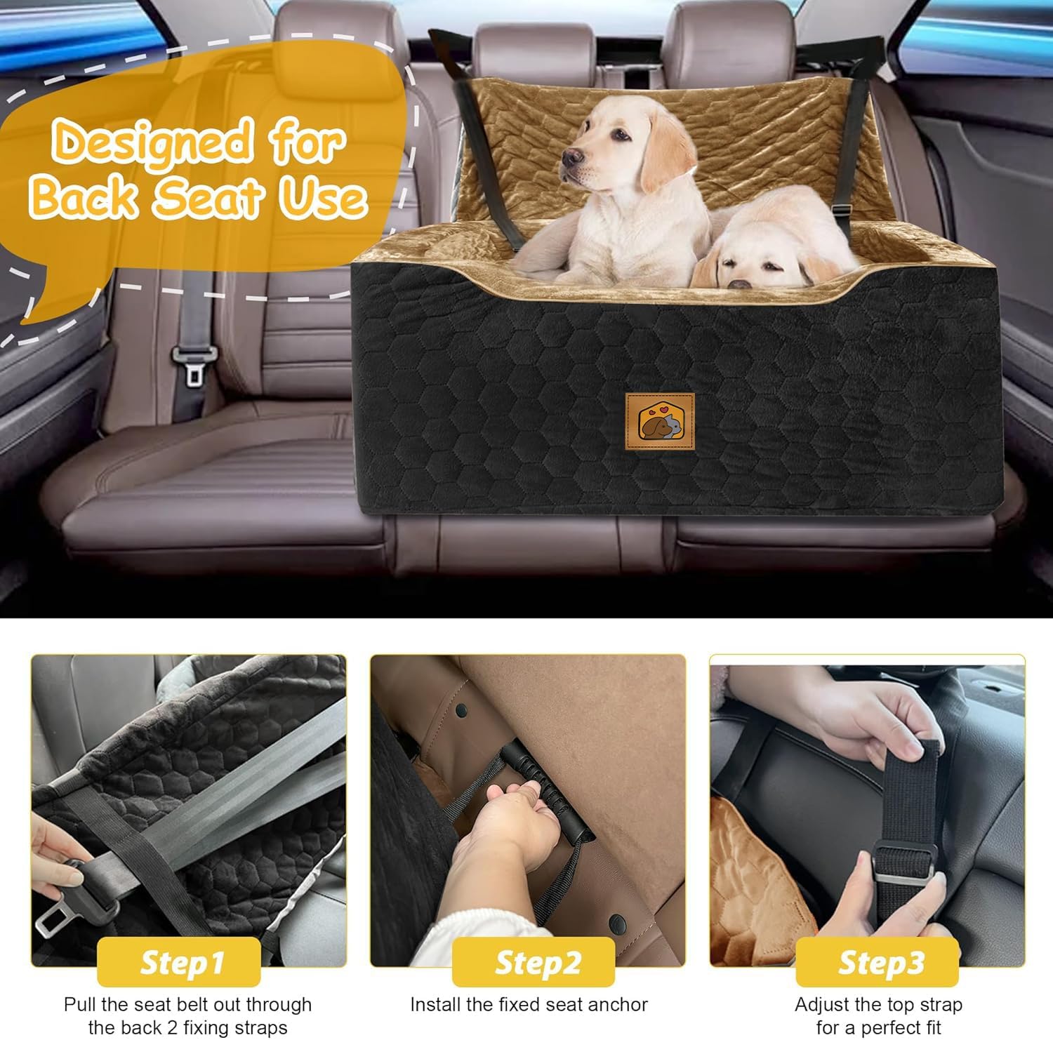Dog Car Seat for Small/Medium Dogs, Memory Foam Dog Booster Seat, Travel Safety Per Car Seat with Washable Removable Cover, Storage Pockets for Dogs up to 35 lbs(BlackBrown) - Pet Explorer