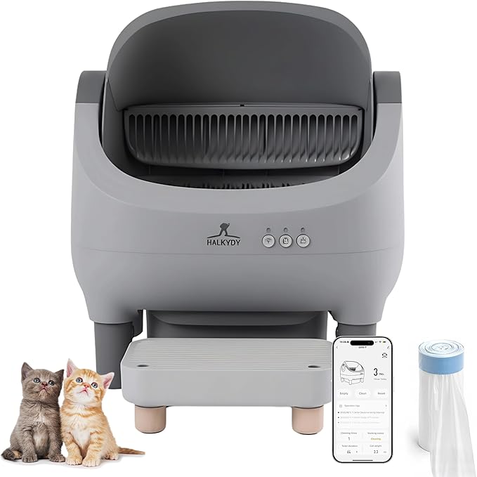 Automatic cat Litter Box with a high Step, Controlled via a Smart app, Featuring Health Data Monitoring and Silent Mode Management, Combining an Open Spacious Design with Fully Automatic Cleaning.