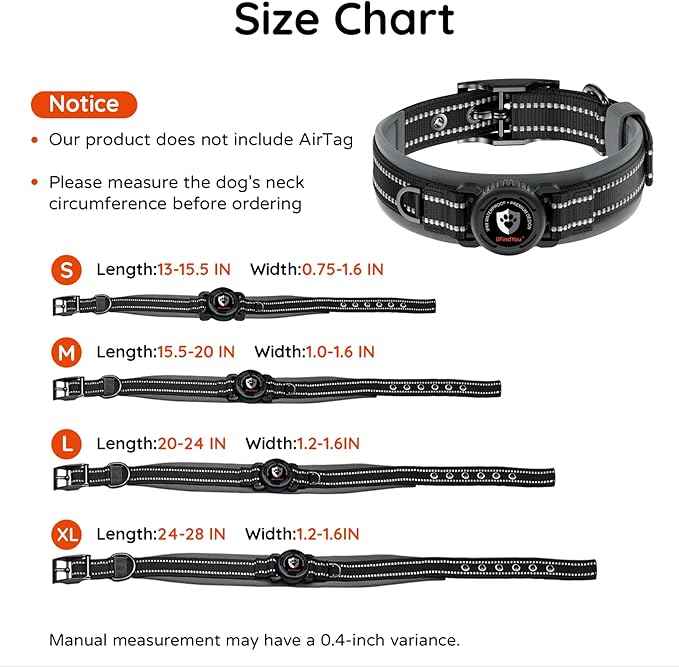 Upgraded AirTag Dog Collar with Holder, Waterproof Reflective Air Tag Dog Collar with Widened Comfortable Padding & Ultra-Durable Metal Buckle, Adjustable for Medium (Black, Small)