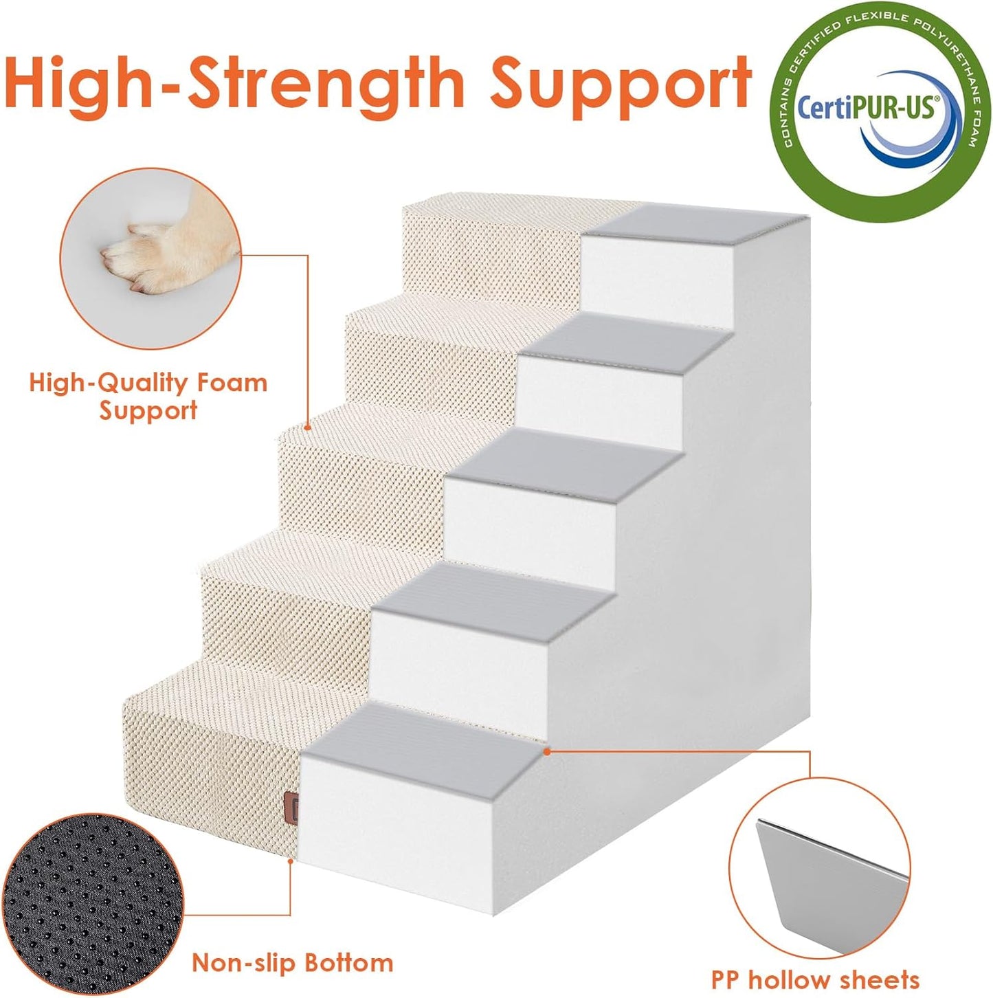 EHEYCIGA Dog Stairs for High Bed 25" H, 5-Step Extra Wide Dog Steps for Bed, Pet Steps for Small Dogs and Cats, Non-Slip Balanced Pet Ramp Indoor, Beige - Pet Explorer