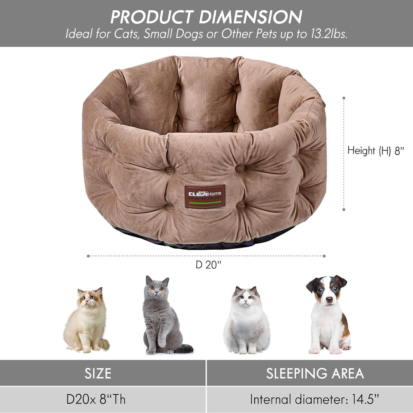 ClevaHome Deep Nest Cat Bed for Small Pets up to 15lbs - Round Cat Beds for Indoor Cats, Luxurious Velvet Feel, Extra High Sides, Machine Washable Comfort Pet Bed with Non-Slip Bottom (Warm Beige) - Pet Explorer