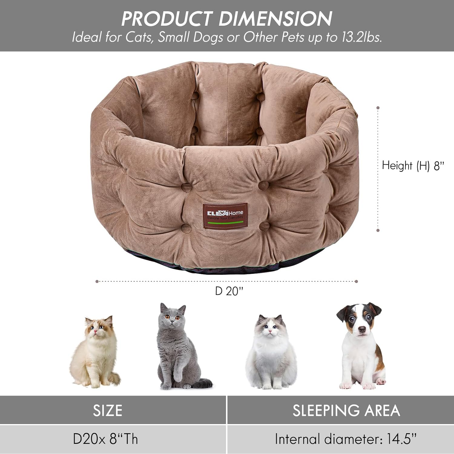 ClevaHome Deep Nest Cat Bed for Small Pets up to 15lbs - Round Cat Beds for Indoor Cats, Luxurious Velvet Feel, Extra High Sides, Machine Washable Comfort Pet Bed with Non-Slip Bottom (Warm Beige) - Pet Explorer