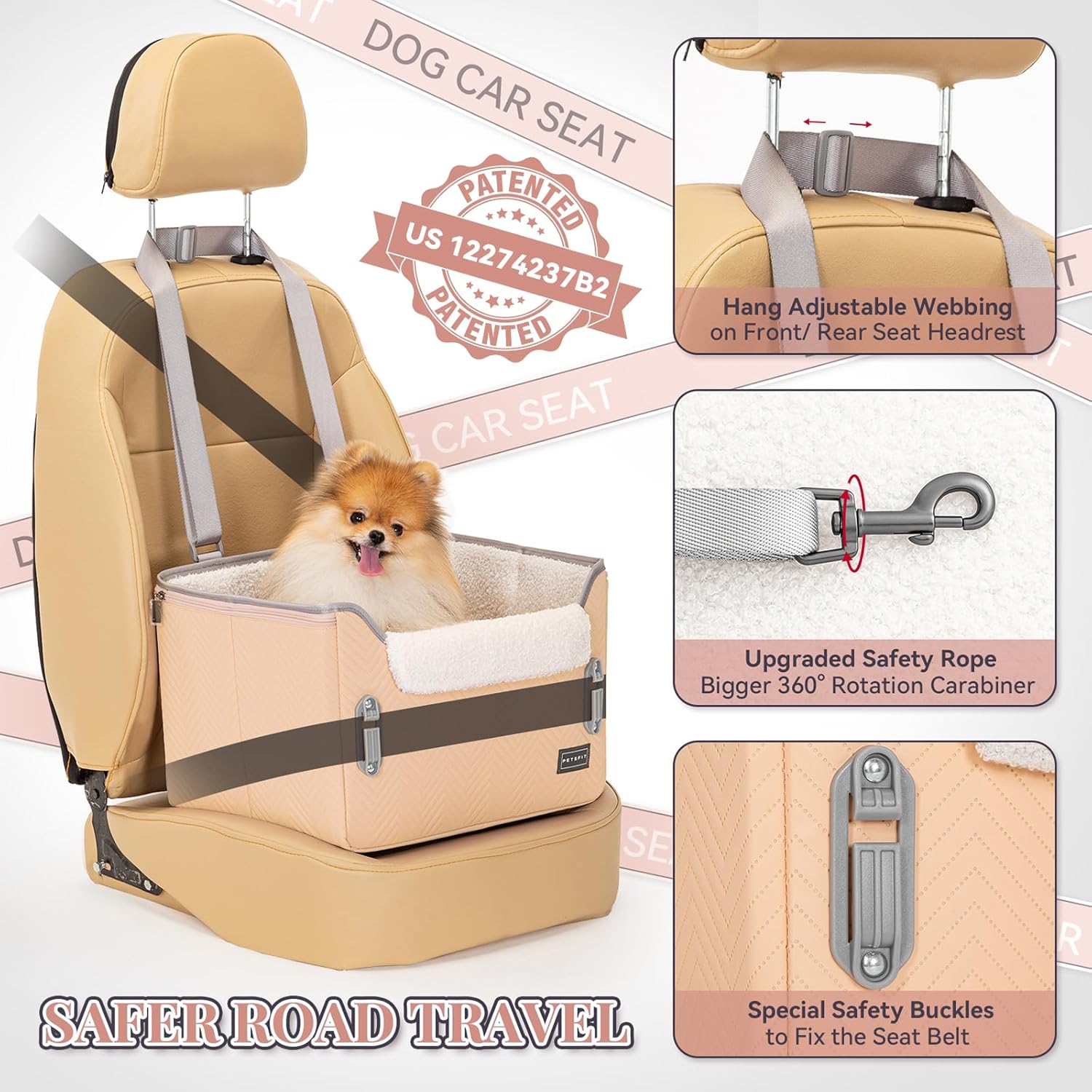 PETSFIT Cat Car Seat, Waterproof PU Leather Dog Booster Car Seat with Patent Safe Buckles, Clip-On Leash, Pet Travel Carrier Bed for Small Pets Up to 25lbs (Orange) - Pet Explorer