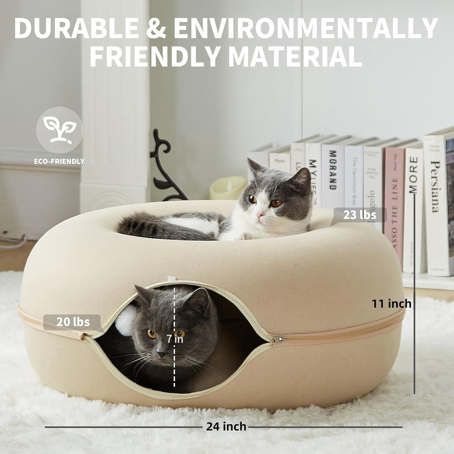 Jia Xi Cat Bed and Hideout, Large Indoor Cat Condo with Tunnel and Cave (24 inch, Beige) - Pet Explorer