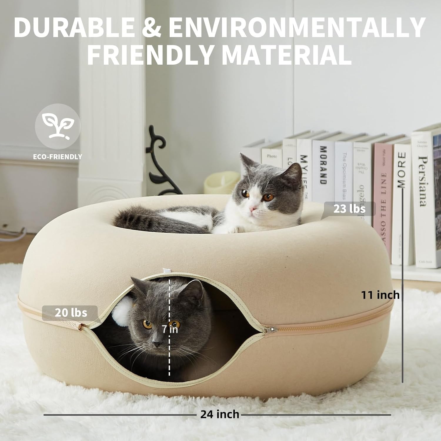 Jia Xi Cat Bed and Hideout, Large Indoor Cat Condo with Tunnel and Cave (24 inch, Beige) - Pet Explorer