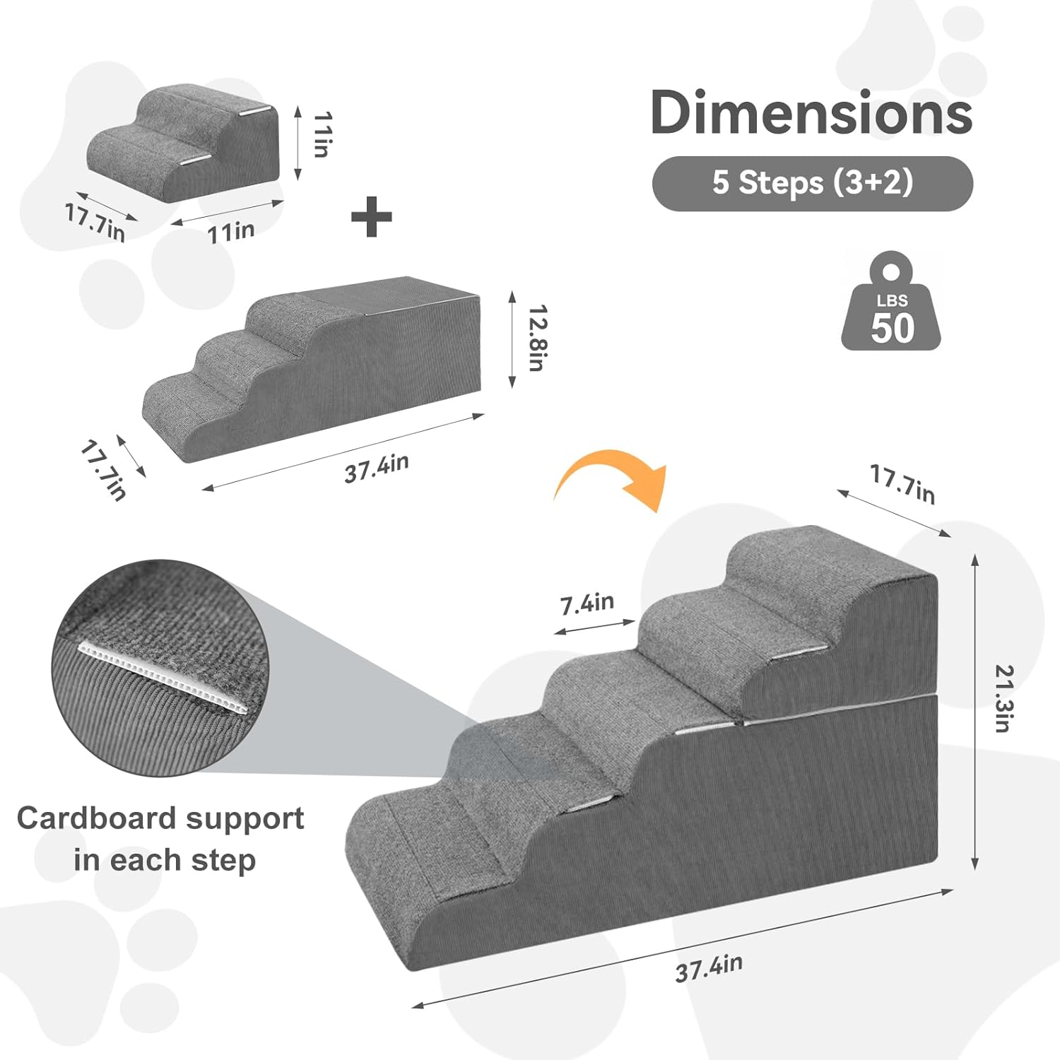 𝟱 𝗦𝘁𝗲𝗽𝘀 Dog Stairs for High Beds, 21.3" Tall Pet Steps for Small to Large Dogs & Cats, Waterproof with Removable Cover & PE Support Board for Bed, Couch, or Car - Pet Explorer