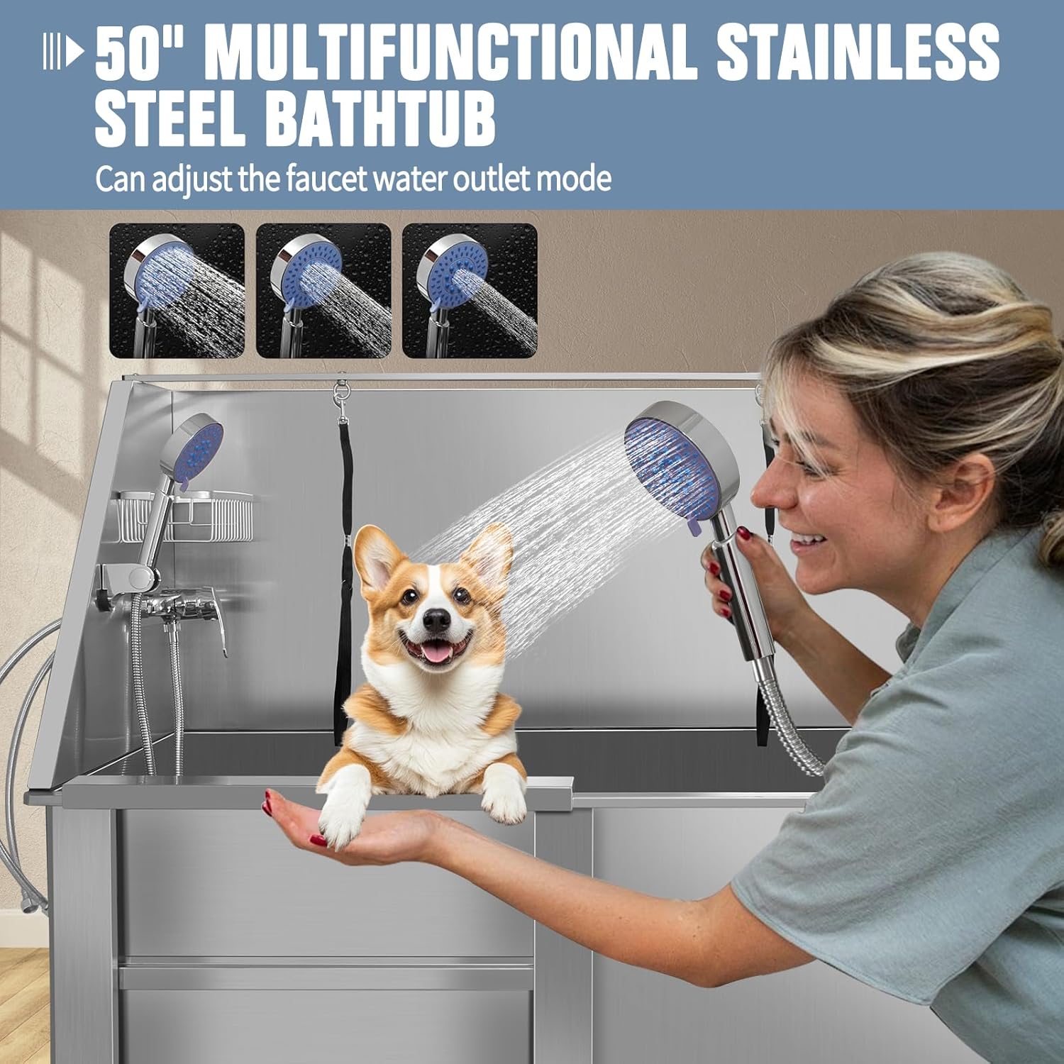 50" Dog Washing Station, Professional Stainless Steel Dog Bathing Station, Equipped/W Three Anti-Slip Steps, Removable Door, Upgraded Spray Nozzle&Hose - for Home, Pet Grooming Salon (50" Left ramp) - Pet Explorer