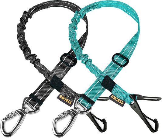 AUBELL Dog Seat Belt for Car,2 Pack Set 3-in-1 Adjustable Reflective Bungee Heavy Duty Dog Car Harness Tether with Clip Hook Latch & Buckle,Swivel Zinc Alloy Carabiner,Black+Teal - Pet Explorer