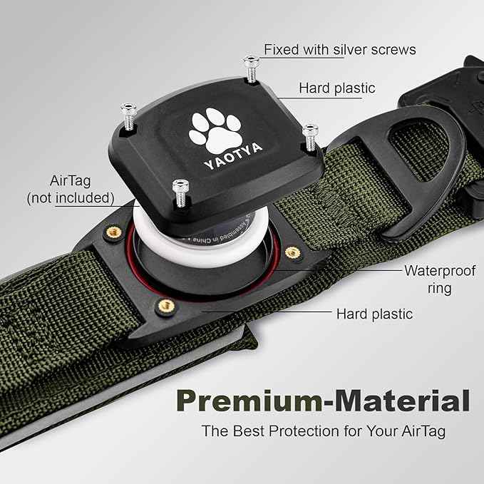 2026 Upgrade Dog Collar with IPX8 Waterproof AirTag Holder,Military Tactical Comfortable Control Handle and Ultra-Durable Metal Buckle/Night Reflective,GPS Collar for Medium to Large Dogs（ArmyGreen/L）