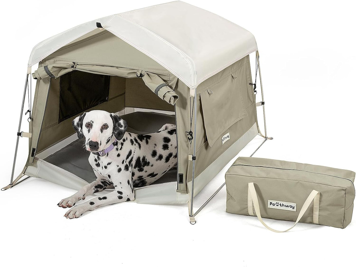 Dog Tent Cotton Fabric, Aluminum Poles and Camping Mat, Outdoor Weatherproof, Dog House Outdoor, Breathable with 2 Side Windows, Portable and Collapsible (Gray, Large) - Pet Explorer