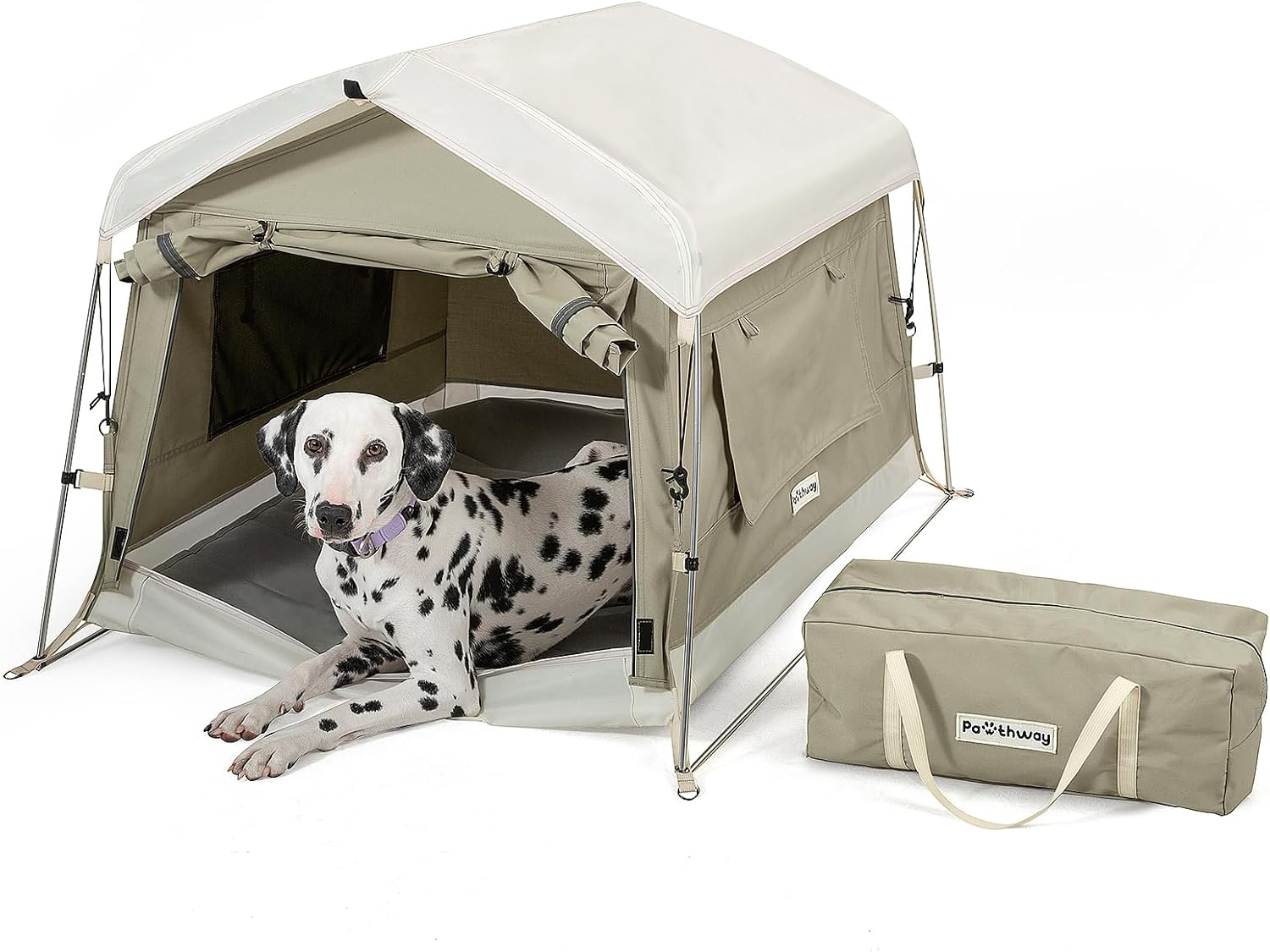 Dog Tent Cotton Fabric, Aluminum Poles and Camping Mat, Outdoor Weatherproof, Dog House Outdoor, Breathable with 2 Side Windows, Portable and Collapsible (Gray, Large) - Pet Explorer